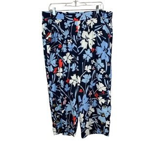 Land n Sea Pants Cropped Blue Floral Linen Blend Elastic Waist Women’s XL